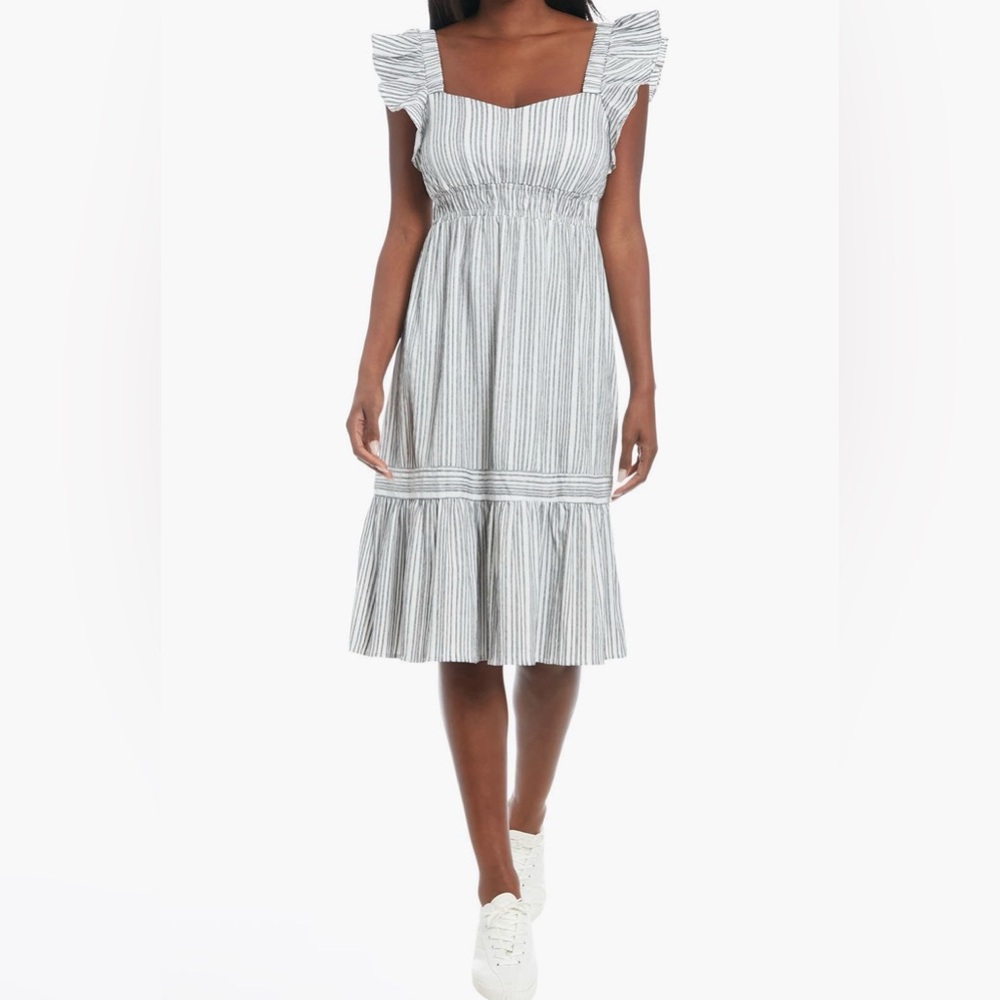 NWT London Times Fit and Flare Ruffle Strap Gray Striped Dress Size XL